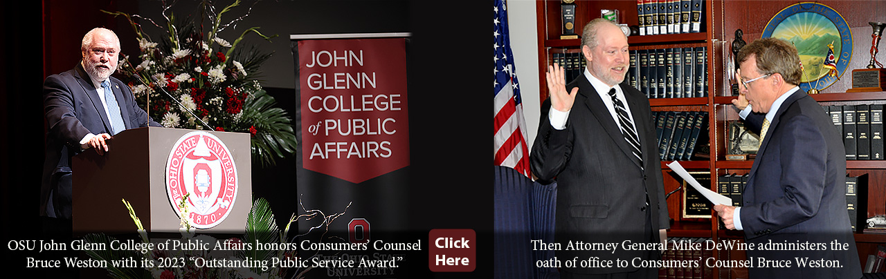 OSU John Glenn College of Public Affairs honors Consumers’ Counsel Bruce Weston with its 2023 &quot;Outstanding Public Service Award&quot; and Then Attorney General Mike DeWine administering the oath of office to Consumers' Counsel Bruce Weston