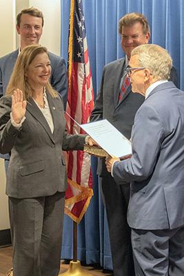 Maureen Willis and Governor DeWine During Swearing In as Ohio's fifth Consumers Counsel